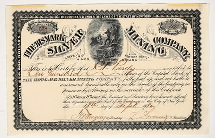 Bismark Silver Mining Company Stock Certificate, Lincoln County, NV, 1882 [204145]