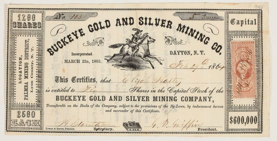 Buckeye Gold & Silver Mining Co. Stock Certificate, Nevada Territory, 1864 [205257]