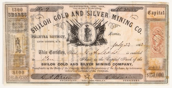Shiloh Gold & Silver Mining Co. Stock Certificate, Como, Nevada Territory, 1863 [202743]