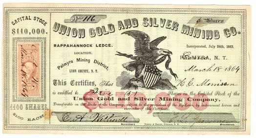 Union Gold & Silver Mining Co. Stock Certificate, Como, Nevada Territory 1864 [195354]
