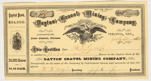 Dayton Gravel Mining Company Stock Certificate, 1880 [201662]