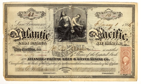Atlantic & Pacific Gold & Silver Mining Co. Stock Certificate, Union, NV, 1866 [204755]