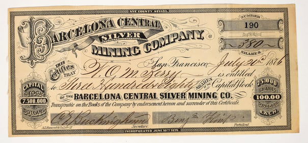 Barcelona Central Silver Mining Company Stock Certificate, Nye County, 1876 [204906]