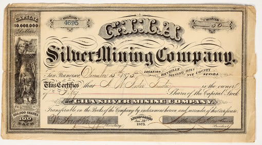 Gila Silver Mining Company Stock Certificate, Nye County, Nevada, 1875 [195893]