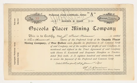 Osceola Placer Mining Company Stock Certificate 1894 [204178]
