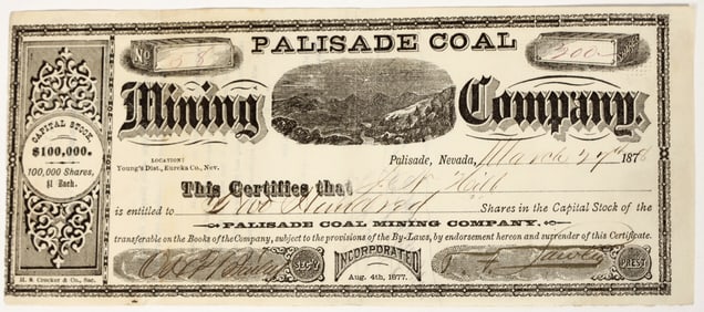 Palisade Coal Mining Company Stock Certificate, 1878 [204163]