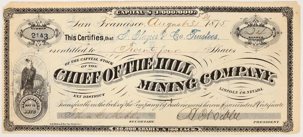 Chief of the Hill Mining Company Stock Certificate, 1875 [204176]
