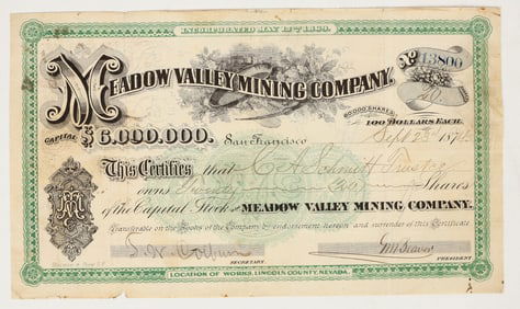 Meadow Valley Mining Company Stock Certificate, Pioche, Nevada 1874 [195478]