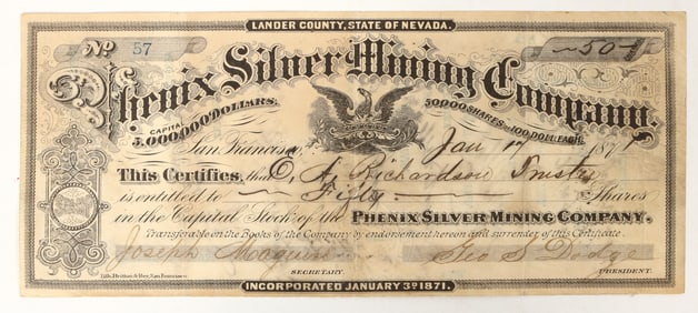 Phenix Silver Mining Company Stock Certificate, 1871 [197932]