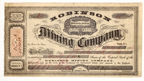 Robinson Mining Company Stock Certificate, Comstock, Nevada Territory, 1864 [204828]