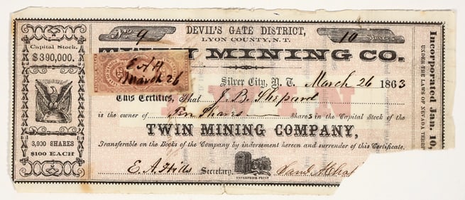 Twin Mining Company Stock Certificate, Comstock, Nevada Territory, 1863 [204144]