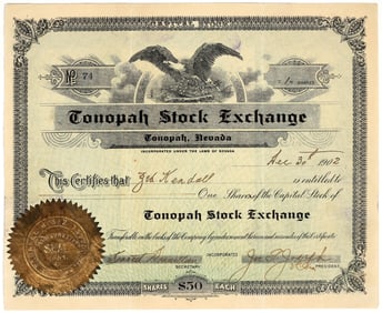Tonopah Stock Exchange Stock Certificate Issued to Zeb Kendall, 1902 [200894]