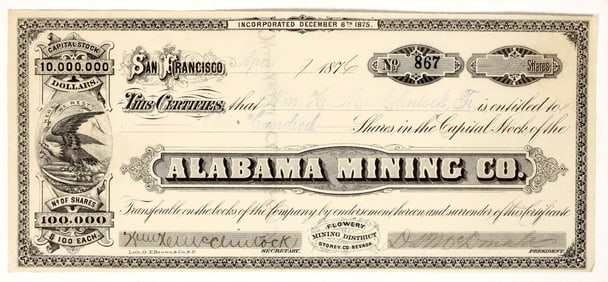 Alabama Mining Company Stock Certificate, Flowery District, NV (GT Brown Lith.) [195861]