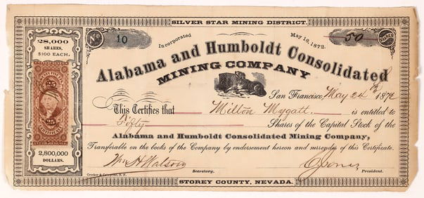 Alabama & Humboldt Consolidated Mining Co. Stock Certificate 1872 [163722]