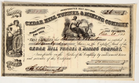 Cedar Hill Tunnel & Mining Company Stock Certificate, Virginia City, NT 1861 [195909]