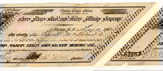 Cerro Pasco Gold & Silver Mining Co. Stock Certificate, Comstock, Nevada Territory 1863 [204833]