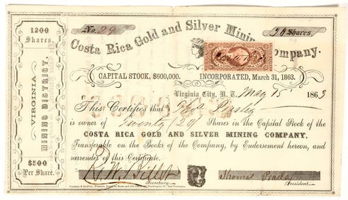 Costa Rica Gold & Silver Mining Co. Stock Signed by Fireman/Saloon Owner/Sheriff, 1863 [195356]