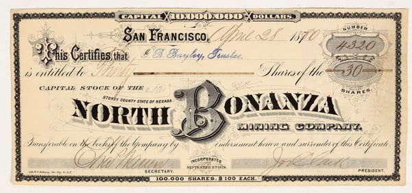 North Bonanza Mining Company Stock Certificate, 1880 [201654]