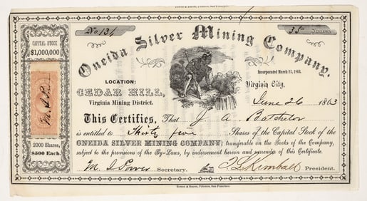 Oneida Silver Mining Company Stock Certificate, Cedar Hill, Comstock, 1863 [203944]