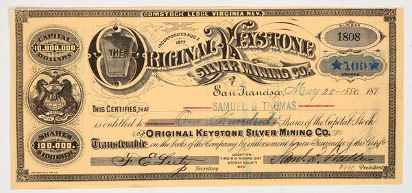 Original Keystone Silver Mining Company Stock Certificate [201089]