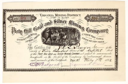 Piety Hill Gold & Silver Mining Company Stock Certificate, 1882 [195865]