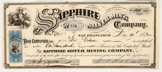 Sapphire Silver Mining Company Stock Certificate, Virginia City, Nevada, 1872 [195360]