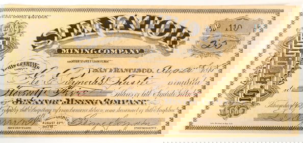 Senator Mining Company Stock Certificate, Virginia City, Nevada, 1878 [197929]