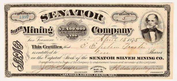 Senator Silver Mining Company Stock Certificate, 1875 [195361]