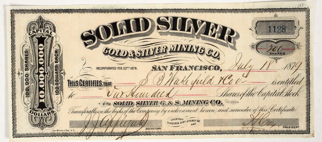 Solid Silver Gold & Silver Mining Co. Stock Certificate, 1879 [201090]