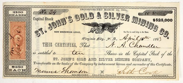 St. John's Gold & Silver Mining Co. Territorial Stock Certificate [200260]
