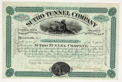 Sutro Tunnel Company Stock Certificate, 1887 [195899]