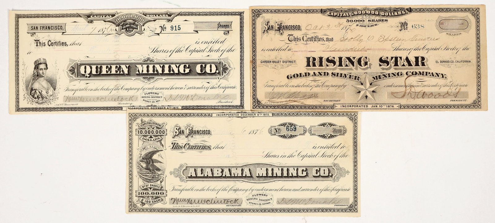 Three Different GT Brown Lithographed Mining Stock Certificates (NV and CA) [204536]: Lot of 3 different from noted African-American lithographer GT Brown. Two are for the Flowery Mining District, which was located down Six Mile Canyon to the east of Virginia City, Nevada. 1) Queen Min