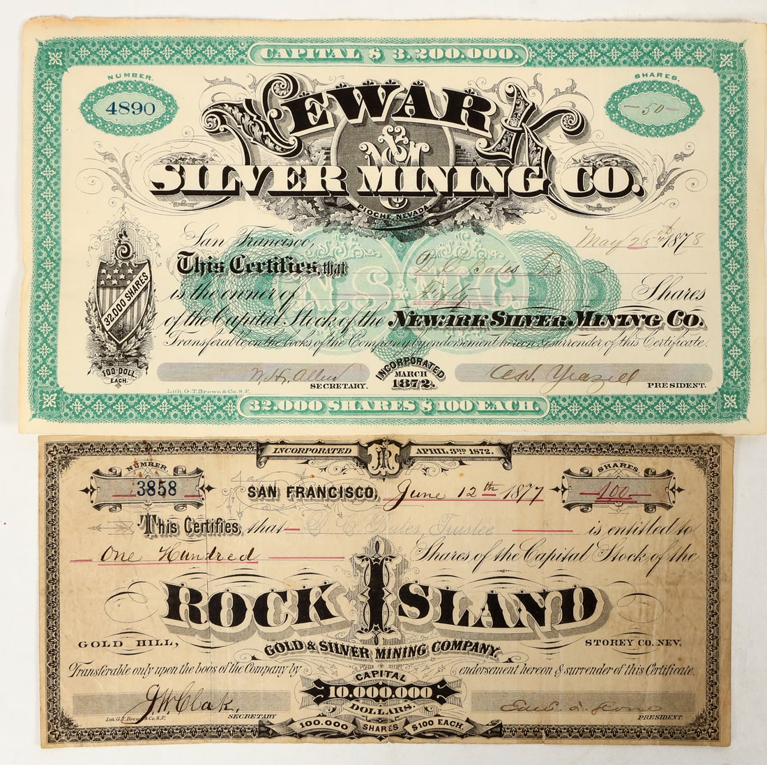 African-American Lithographer GT Brown Nevada Mining Stock Pair [195497]: Lot of 2. All lith. by noted African-American artist GT Brown. 1) Rock Island Gold & Silver Mining Company. Located in 1859 at American Flat, southwest of the Baltimore Consolidated. Issued in 1877. S