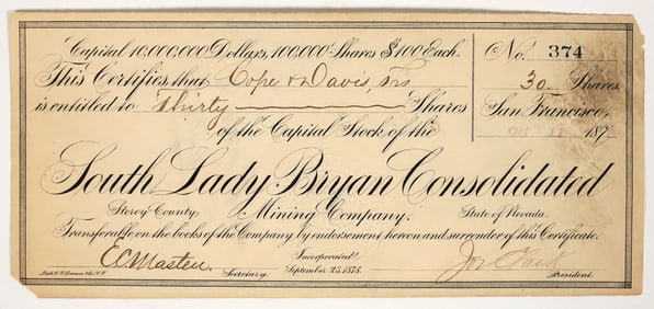 South Lady Bryan Consolidated Mining Co. Stock Certificate (GT Brown Lith.) [203946]