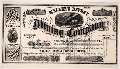 Waller's Defeat Mining Company Stock, signed by Wm. Sharon  1867 [163600]