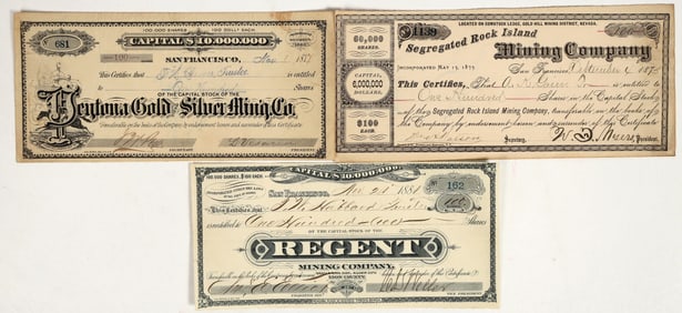 Trio of Comstock Lode Mining Stocks, Three Different, 1875-881 [201653]