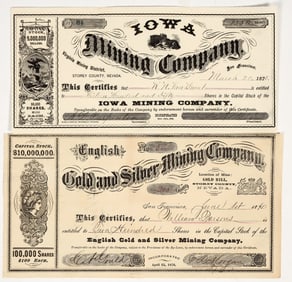 Two Different 1870s Comstock Lode Mining Stock Certificates [203533]