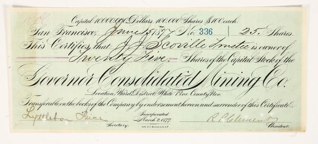 Governor Consolidated Mining Company Stock Certificate (GT Brown Lith.) [204153]