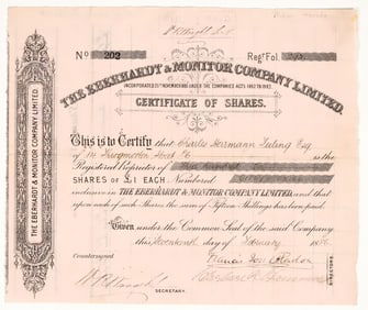 Eberhardt & Monitor Company, Ltd. Stock Certificate, White Pine Co., Nevada 1886 [195869]