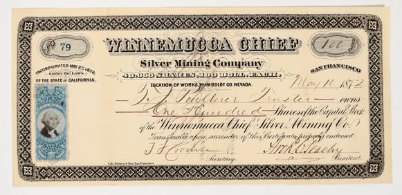 Winnemucca Chief Silver Mining Company Stock Certificate, 1872 [204815]