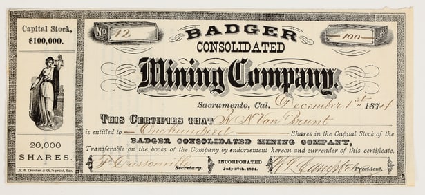 Badger Consolidated Mining Company Stock Certificate, 1875 [205359]