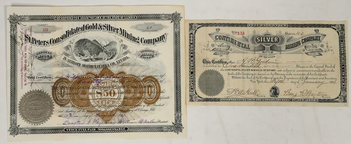 Central Eastern Nevada Mining Stock Certificate Pair, 1880s [195488]