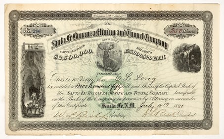 Santa Fe Bonanza Mining & Tunnel Company Stock Certificate, 1881 [204832]