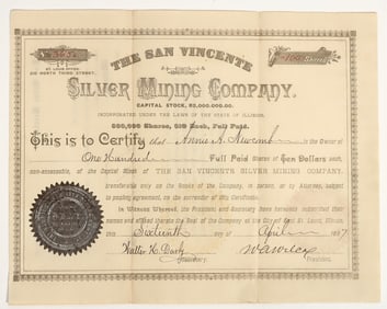 San Vincente Silver Mining Company Stock Certificate, 1887 [204778]