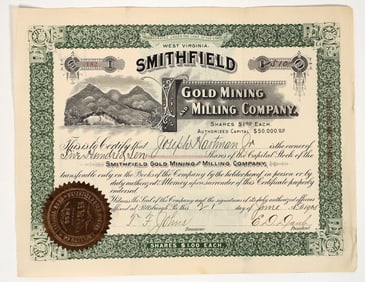Smithfield Gold Mining & Milling Company Stock Certificate, 1905 [204903]