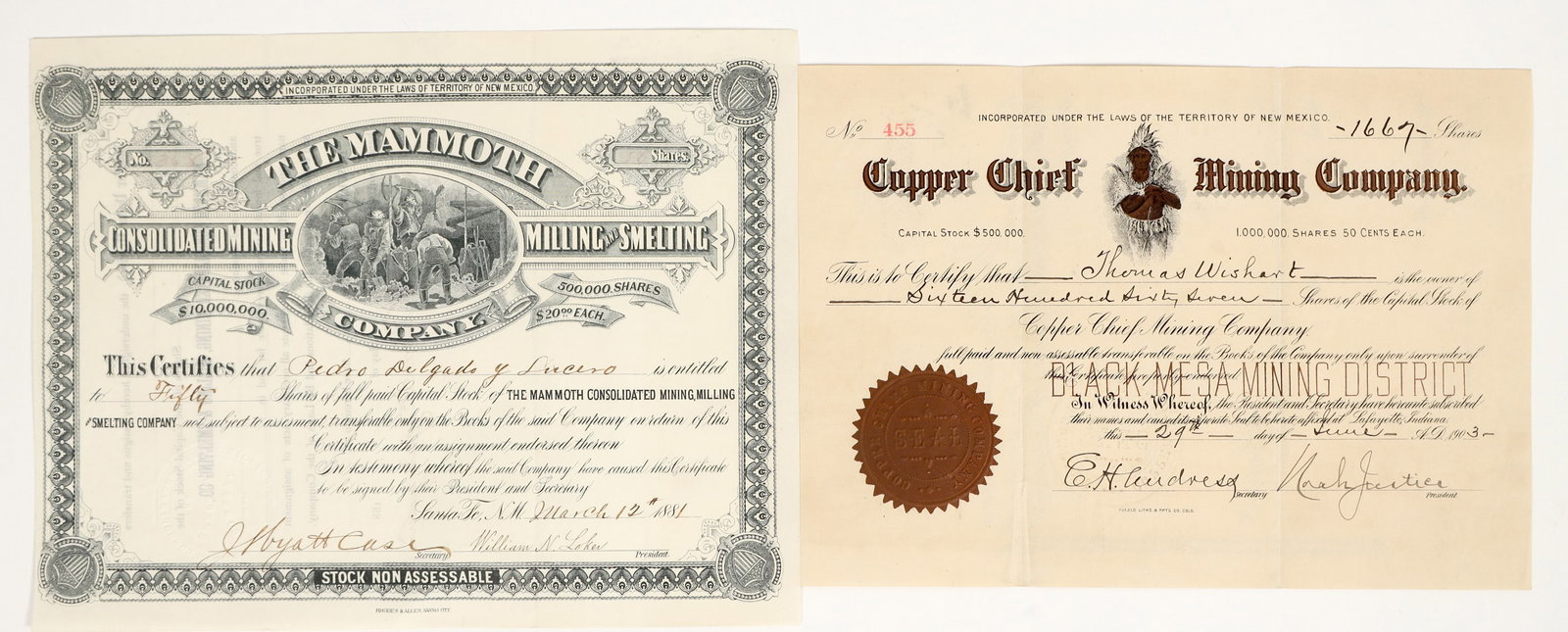 New Mexico Issued Mining Stock Certificate Pair (Copper Chief and Mammoth Consolidated) [202742]: Lot of 2 different. 1) Copper Chief Mining Company. Inc. in New Mexico. "Black Mesa Mining District" underprint. This company operated in the Black Hills Range 3.5 miles southeast of Jerome, Yavapai C