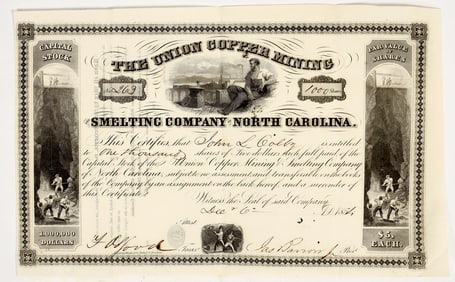 Union Copper & Smelting Co. of North Carolina Stock Certificate, 1854 [201539]