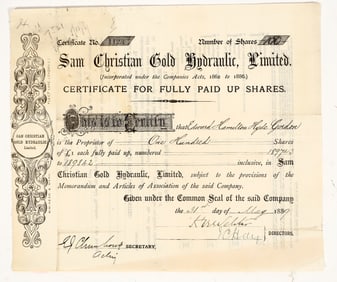 Sam Christian Gold Hydraulic, Limited, Stock Certificate, 1889 [204204]