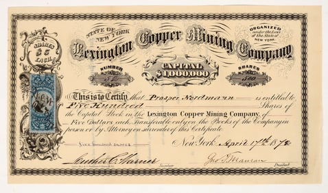 Lexington Copper Mining Company Stock Certificate, 1872 [203934]