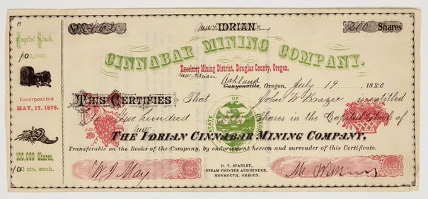 New Idrian Cinnabar Mining Company Stock Certificate, 1880 [201722]